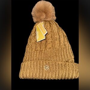 Michael Kors(darker brown in person) Knit Beanie with Pom Pom fleece line NWT